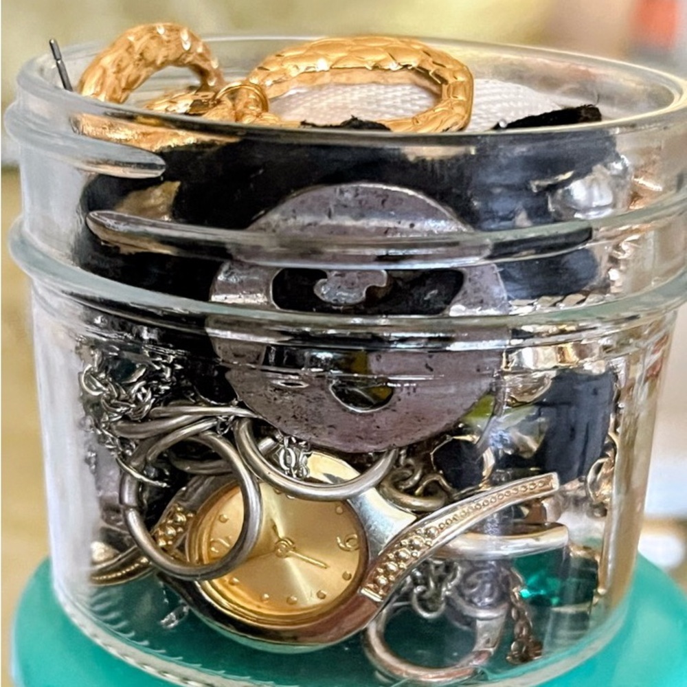 Clear Glass Jewelry Organizer Jar with Gold and Silver Accents